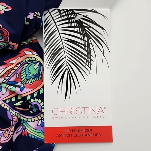 NWT CHRISTINA Medallion Navy Paisley Flyaway Bandeau One Piece Hip Minimize Sz 8 - Picture 9 of 16